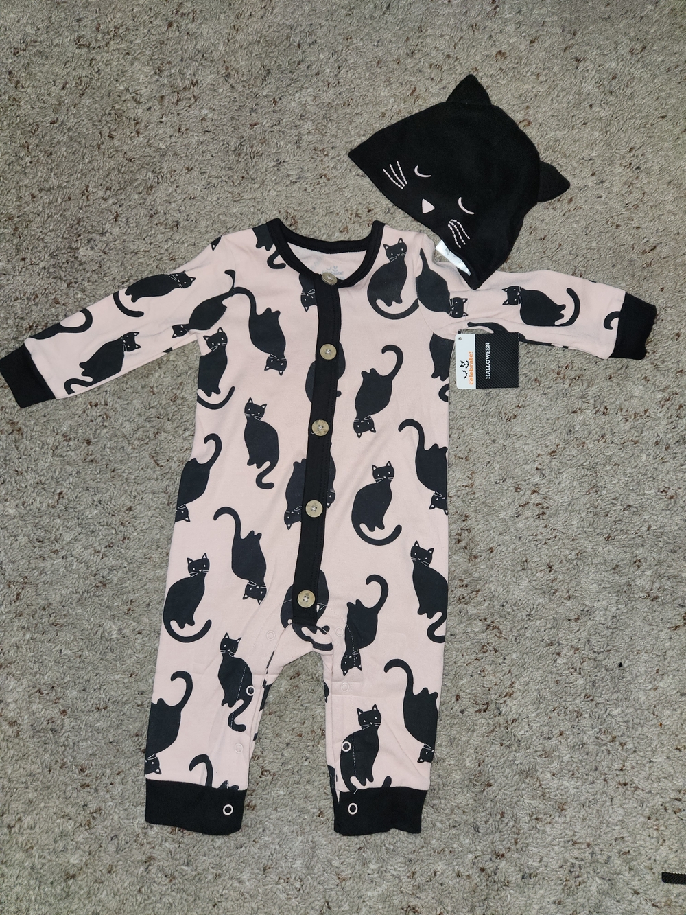 Pink Cat-Print Baby Footie Set with Black Trim and Hat For Baby 3-6M